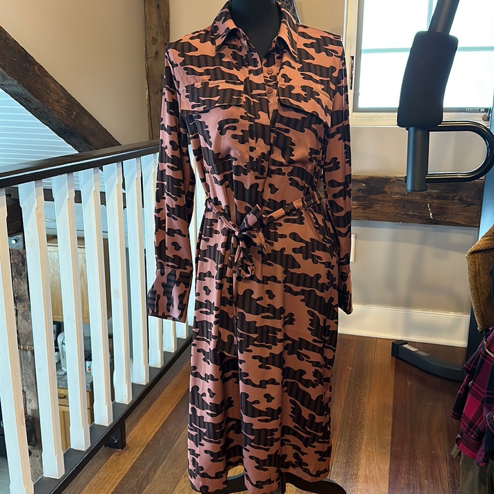 NWT Kenneth Cole pink/mauve with brown and black camo button up dress